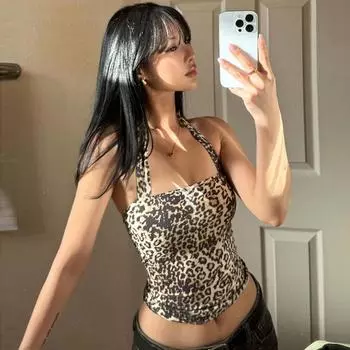 Gusty Street Fashion Sexy Style Leopard Print Halter Lace-up Tops Sweet Spicy Chic Elegant Adult Lady like Woman Camisole Leopard print S