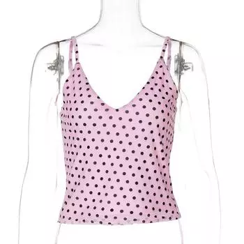 Gusty Street Sweet and Spicy Chic Retro Polka Dot Brace Vest Summer French Pure Desire Sexy V Neck Mesh Tops Pink S