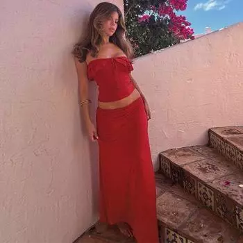 Gusty Summer French Romantic Passion Red Vacation Style Suit Pure Desire Sexy Ruffles Tube Top Tops + Dress Red S