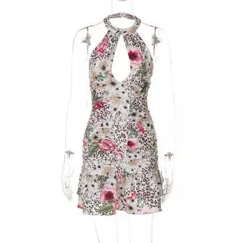Gusty Summer Island Vacation Style Sexy Halterneck Deep V Dress Sexy Open Back Ruffles Leopard Print Short Skirt Leopard print M