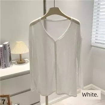 Gusty Summer Loose and See-through Sun Protection Knitting Long-Sleeved Shirt Women s V-neck Slimming Pure Color Elegant Tup Cardigan Blouse White
