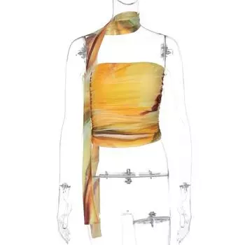 Gusty Summer Rendering Sunset Yellow Tide Cool Drag Sister Halter Top Street Y2g Sexy Ribbon Tube Top Vest Tide Yellow S