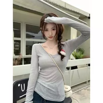 Gyaru сексуальная тонкая слегка прозрачная трикотажная футболка с V-образным вырезом женская летняя Pure Desire с длинным рукавом защита от солнца прикрытие тонкая XL светло-серый