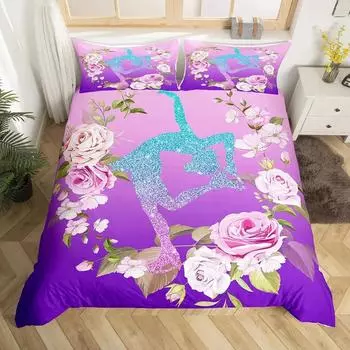 Gymnastics Dance Lovers Duvet Cover King,Watercolor Butterfly Star Sky Bedding Set 3pcs,Silhouette Rainbow Graffiti Quilt Cover cot size 70x133cm
