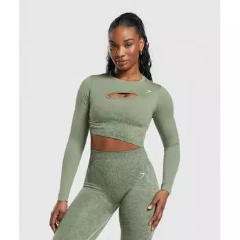 GYMSHARK Adapt Safari Бесшовный выцветший топ с длинными рукавами Force Green Выцветший зеленый B8A2X ECQJ XXS