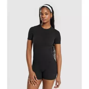 GYMSHARK Бесшовная хлопковая футболка в рубчик, черная B8A6C BB2J