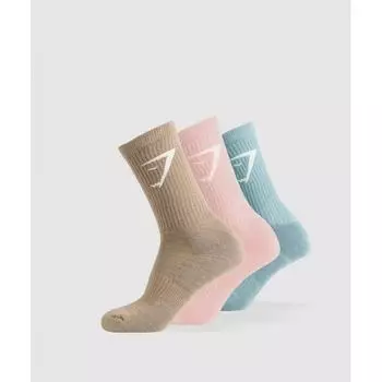 Gymshark Crew Socks 3pk Lifestyle Brown Lift Pink Rest Blue I3a3p Nc1l S