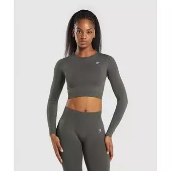 Gymshark Everyday Seamless Long Sleeve Crop Top Strength Green B7a2s Ecjh XS