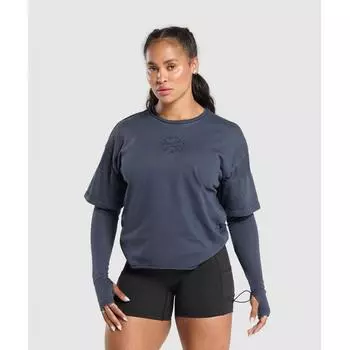Gymshark Премиум Legacy Washed 2 в 1 с длинным рукавом Heavy Blue B9a5t Uc0c XS