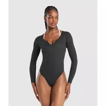 Gymshark ребристый хлопковый боди с длинными рукавами черный меланжевый B9a8x Bch0 XXS