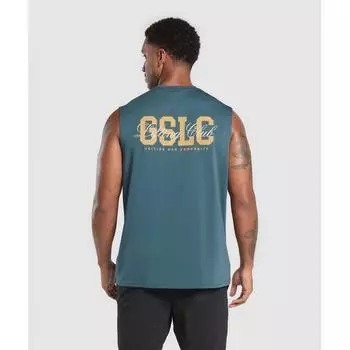 Gymshark Script Graphic Cut Off Tank Cargo Blue A7a2a Uctp XS