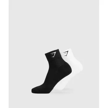 GYMSHARK Sharkhead Embroidered Quarter Socks 2pk Black White I3A1O BB3F L