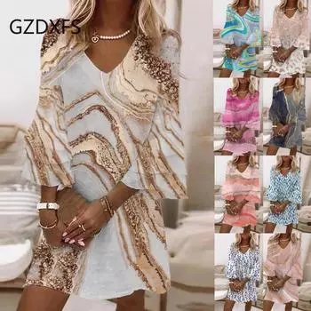 Gzdxfs ~ 2022 Свежее женское платье с v-образным вырезом и рукавами 3/4 со свежим принтом S розовый