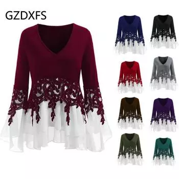 GZDXFS ~~~ однотонная шифоновая футболка с длинными рукавами и кружевной отделкой для верхней части тела S красный