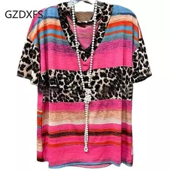 Gzdxfs ~ Свободная футболка с цветочным принтом и леопардовым принтом, с круглым вырезом и короткими рукавами, большая женская одежда S красный