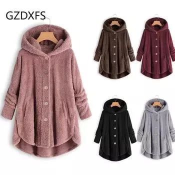GZDXFS ~ женские плюшевые топы на пуговицах больших размеров с капюшоном, свободный кардиган, шерстяное пальто, зимняя куртка S розовый