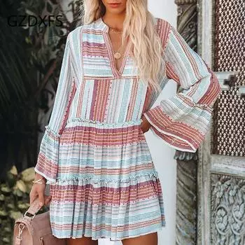 GZFS ~ Женское модное повседневное платье с длинными рукавами и v-образным вырезом с принтом S красный