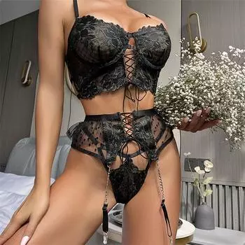 GZW Прозрачный сетчатый комплект нижнего белья с цветочной вышивкой, женский кружевной дышащий бюстгальтер на косточках с большим бантом и трусики с подвязками, эротическое нижнее белье S