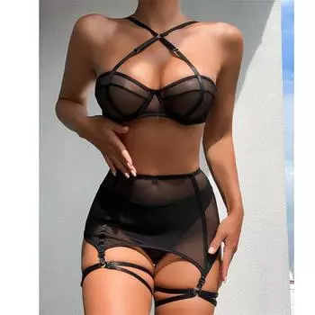 GZW женский комплект сексуального нижнего белья, новый кружевной сетчатый прозрачный тонкий эротическое нижнее белье, бюстгальтер с подвязками, кольцо на ногу, трусики для женщин и взрослых S