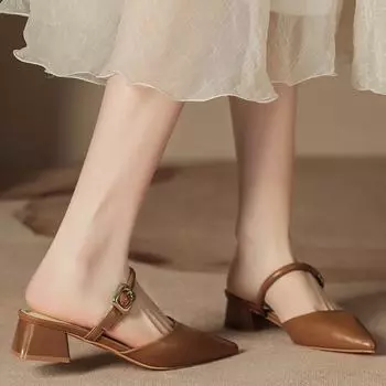 H108-1 Maillard brown high-heeled sandals half-bag head empty thick-heeled summer sandals temperament small fragrant shoes 35 чёрный
