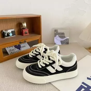 H1098 platform Hong Kong style canvas shoes women s retro ulzzang versatile 2025 new popular super fire student board shoes 35 чёрный