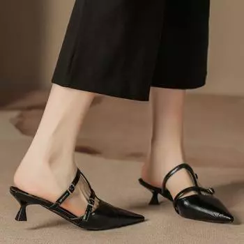 H113-1 high-quality soft leather high-heeled sandals half-bag head small fragrant temperament summer single shoes pointed stilettos children 35 чёрный