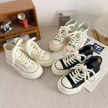 H1292 2024 Весенний фестиваль новые парусиновые туфли с толстой подошвой и высоким берцем женские тонкие туфли на нишевой подошве с кексовой подошвой маленькие белые туфли 35