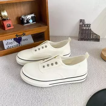 H1335 elastic band/with shoelaces popular one-pedal canvas shoes women s shoes retro 2024 new little white shoes board shoes 35 чёрный