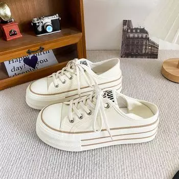 H1336 two pairs of shoelaces/elastic shoelaces, two thick soles, canvas shoes, women s shoes, summer white shoes, popular board shoes 35 чёрный