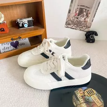 H1357 thick-soled mesh white shoes women s summer breathable board shoes niche chic2024 new round head German training shoes 35 бежевый