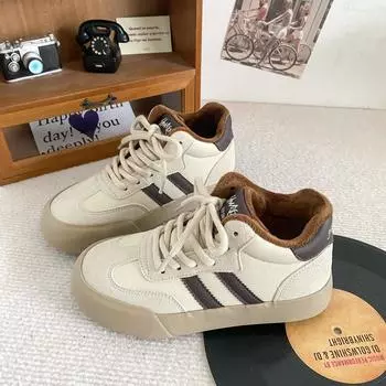 H1389 velvet high-top German training shoes women s winter board shoes little white shoes 2024 new versatile retro warm cotton shoes 35 бежевый