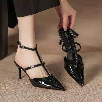 H1933-42 Half Baotou Back Empty High Heel Sandals Pointed Tip Thin Heel Foot Ring Temperament Shoes Women s Xiaoxiangfeng Baotou 34 чёрный