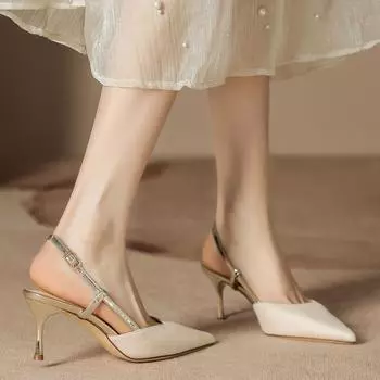 H1933-45 Solid color high-heeled sandals women s half-bag head back empty summer sandals light mouth temperament small fragrant shoes women 34 чёрный