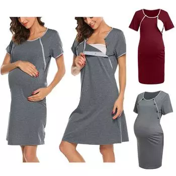 (H20)Ночная рубашка для беременных с коротким рукавом для грудного вскармливания, платье для беременных XL серый