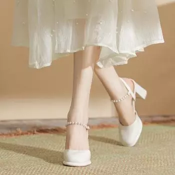 H23155-2 Половина Baotou Backspace Летние женские туфли Hepburn College Wind Бисерные босоножки на высоком каблуке 8 см Толстый каблук Круглый нос 34 бежевый