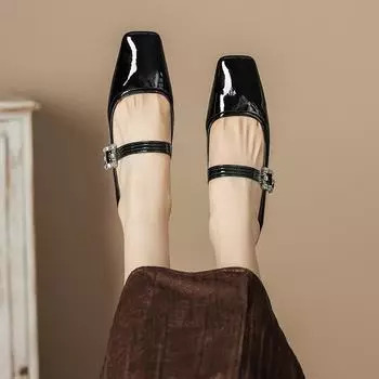 H263-15 Huizhou women s shoes square head low heel flat sole shoes with Mary Jane women s shoes rhinestone buckle decoration 35