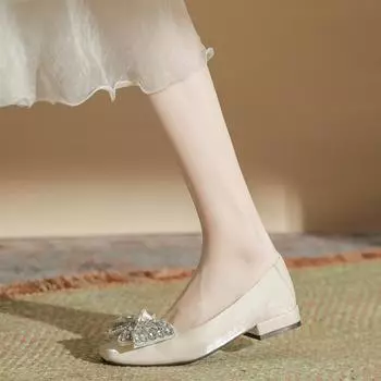 H263-5 large rhinestone bow square head women s shoes flat sole one pedal casual women s shoes satin soft sole single shoes women 35 чёрный