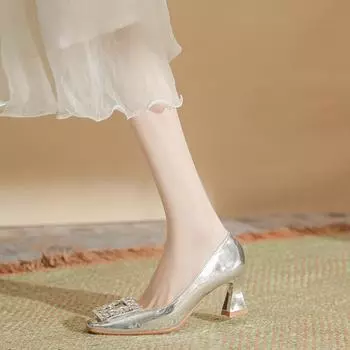 H3323-3 Sparkling rhinestone square head high heels women s temperament light luxury thick heels women s shoes 2025 new single shoes women 34 абрикосовый