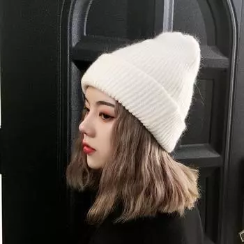 H3558 Женская вязаная шапка-бини Женская и мужская корейская теплая утолщенная шапка из кроличьей шерсти Повседневная осень-зима однотонные шапки Skullies Elastic