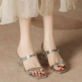 H368-1 Silver high-heeled slippers with rhinestones open-toed summer sandals female transparent crystal heel 34