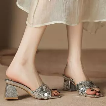 H368-5 silver high-heeled slippers beaded one-sided open-toed thick heel summer cool slippers one-pedal outer wear women s shoes new 34 чёрный