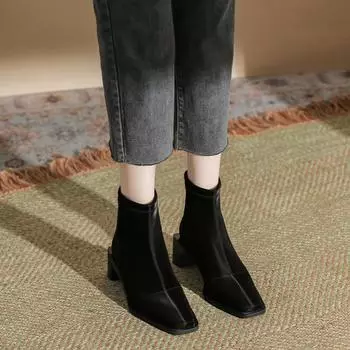 H376-2 high mercerized suede thin medium tube short boots black thick heel autumn and winter zipper women s boots niche fashion boots 35