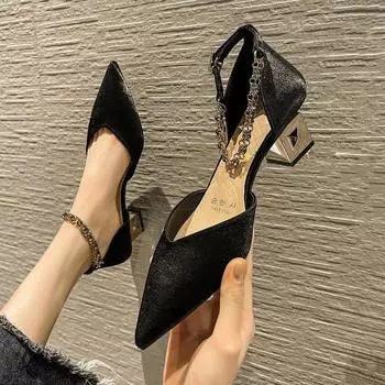 H377-38 black high heels thick heel 5cm pointed hollow high heels women s spring new one-word buckle single shoes low heel 34