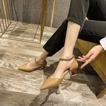 H377-38 Black high heels thick heel 5cm pointed hollow high heels women s spring new one-word buckle single shoes low heel 34 чёрный