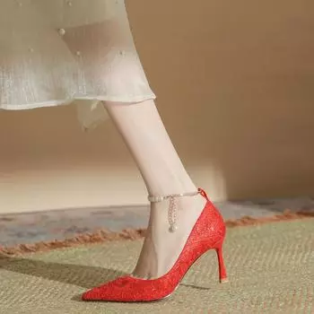 H383-8 Red Wedding Shoes Women s Xiuhe Bridal High Heels Main Wedding Dress Fine Heel Pearl Not Tired Feet Special Pattern Single Shoes 34 красный