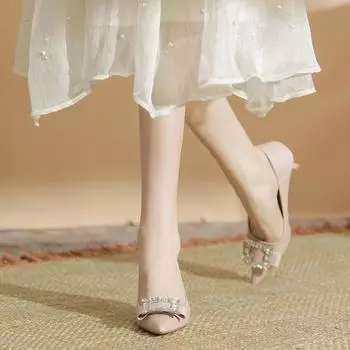 H579-11 sheepskin pad 5CM thin heel high heels women s pointed rhinestone square buckle fashion shoes spring and summer new women s shoes 34 розовый