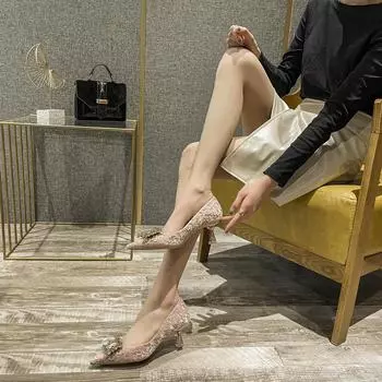 H618-21 высокие каблуки женские тонкие каблуки весна и осень новый банкетный сексуальный темперамент стразы интернет знаменитость мелкий рот заостренный работа 34 чёрный