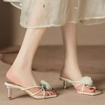 H6739-3 Босоножки с ремешками, дышащие, с большим цветком, розовые, красивые, на высоком каблуке, женские, лето 2024, новая верхняя одежда 35 розовый