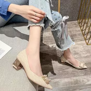 H676-6 high heels women s new Korean version pointed single shoes women s thick heels fashion pearl rhinestone square buckle social women s shoes 34 чёрный