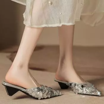H683-10 Beaded slice high-heeled sandals femininity small fragrant wind summer high-heeled drag pointed special-shaped slippers women 34 чёрный